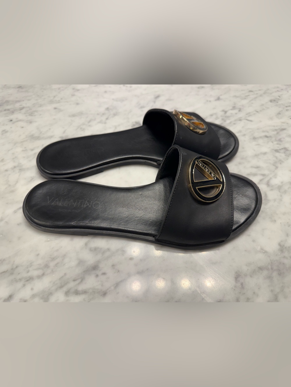 Valentino Women’s Black Leather Slide Sandals with Gold and Black Logo - Picture 2 of 6